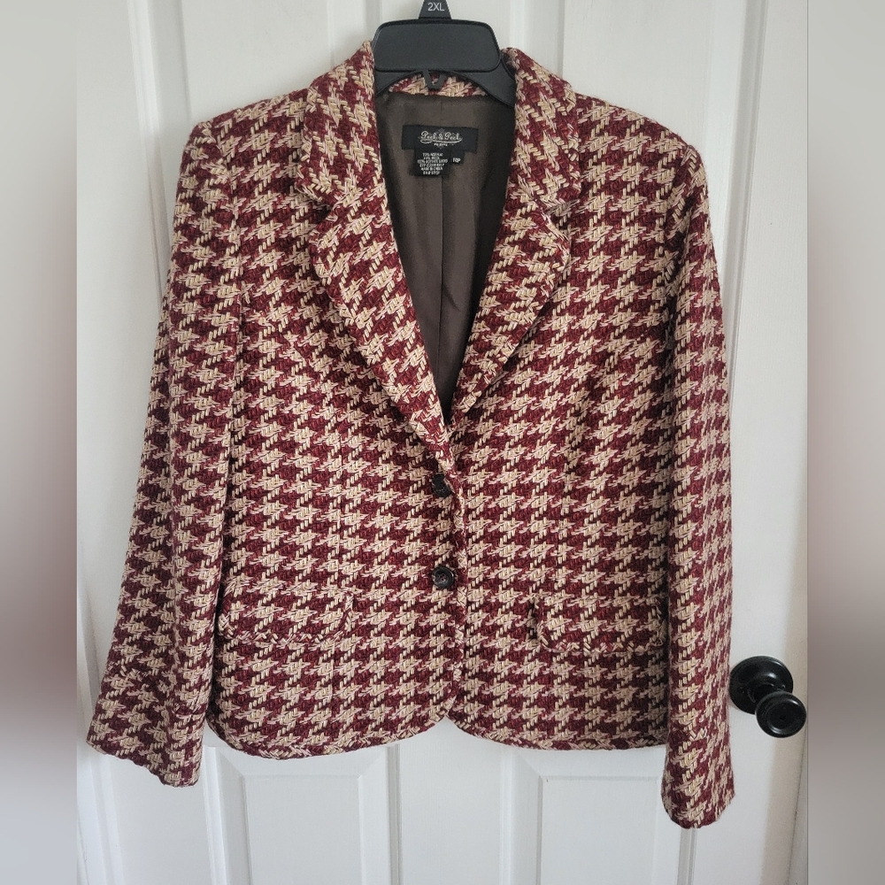 Peck & Peck Petite 14P Wool Blend Houndstooth Blazer Jacket Burgundy Cream Lined - Picture 1 of 3